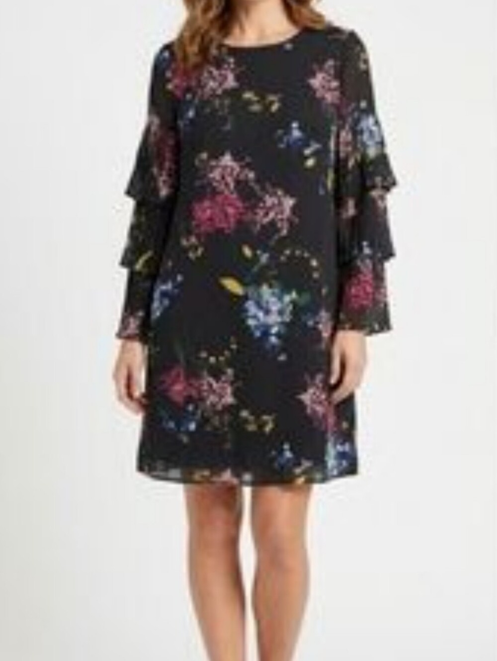 Worthington Dress Women Black Casual With flowers size 4 Ruffles sleeves